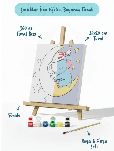 Ay Üzerinde Uyuyan Fil Temalı Çocuk Boyama Tuvali – Şövaleli Eğitici Boyama Seti 20x20 cm