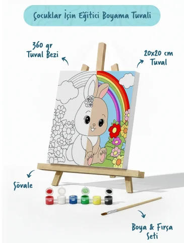Gökkuşağı ve Tavşan Temalı Çocuk Boyama Tuvali – Şövaleli Eğitici Boyama Seti 20x20 cm