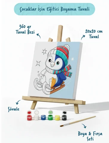 Kızaklı Penguen Temalı Çocuk Boyama Tuvali – Şövaleli Eğitici Boyama Seti 20x20 cm
