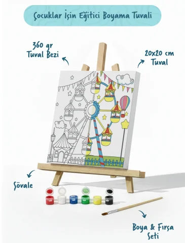 Lunapark Dönme Dolap Temalı Çocuk Boyama Tuvali – Şövaleli Eğitici Boyama Seti 20x20 cm