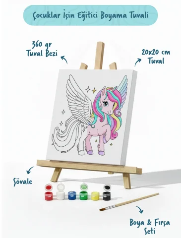Kanatlı Unicorn Temalı Çocuk Boyama Tuvali – Şövaleli Eğitici Boyama Seti 20x20 cm