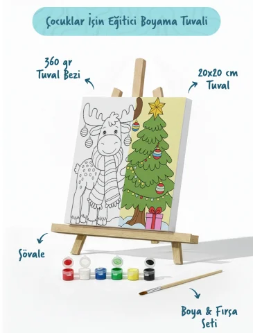 Yılbaşı Geyiği ve Çam Ağacı Temalı Çocuk Boyama Tuvali – Şövaleli Eğitici Boyama Seti 20x20 cm