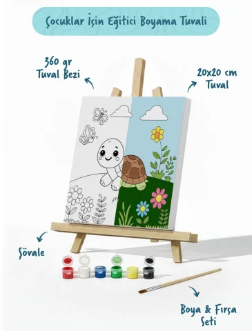 Sevimli Kaplumbağa Temalı Çocuk Boyama Tuvali – Şövaleli Eğitici Boyama Seti 20x20 cm