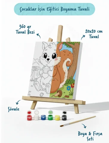 Sevimli Sincap Temalı Çocuk Boyama Tuvali – Şövaleli Eğitici Boyama Seti 20x20 cm