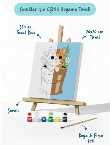 Sevimli Kedi Temalı Çocuk Boyama Tuvali – Şövaleli Eğitici Boyama Seti 20x20 cm