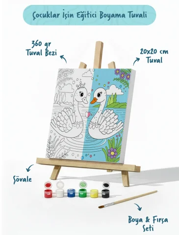 Sevimli Kuğular Temalı Çocuk Boyama Tuvali – Şövaleli Eğitici Boyama Seti 20x20 cm