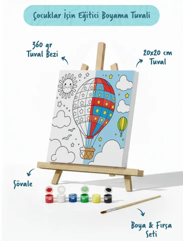 Balon Temalı Çocuk Boyama Tuvali – Şövaleli Eğitici Boyama Seti 20x20 cm