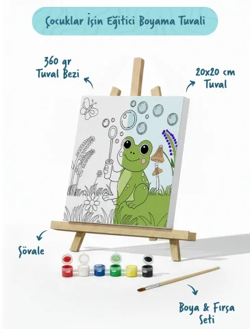 Sevimli Kurbağa Temalı Çocuk Boyama Tuvali – Şövaleli Eğitici Boyama Seti 20x20 cm