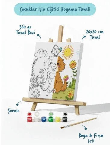 Sevimli Köpek ve Kuş Temalı Çocuk Boyama Tuvali – Şövaleli Eğitici Boyama Seti 20x20 cm