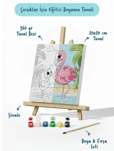Flamingo Temalı Çocuk Boyama Tuvali – Şövaleli Eğitici Boyama Seti 20x20 cm