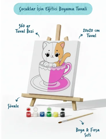 Kupa İçinde Sevimli Kedi Çocuk Boyama Tuvali – Şövaleli Boyama Seti 20x20 cm