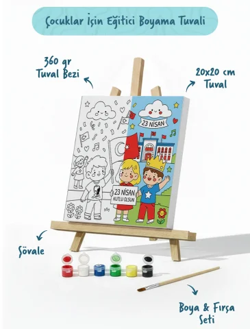 23 Nisan Temalı Çocuk Boyama Tuvali – Şövaleli Boya Seti 20x20