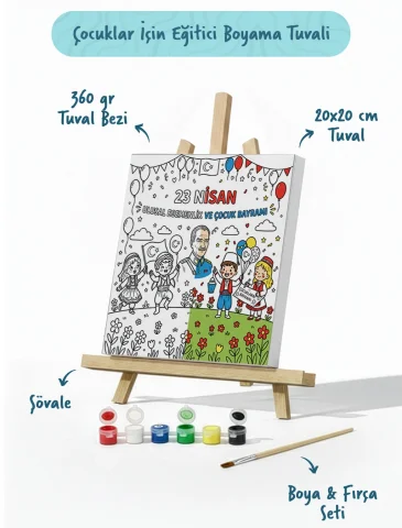 23 Nisan Atatürk Temalı Çocuk Boyama Tuvali – Şövaleli Boya Seti 20x20