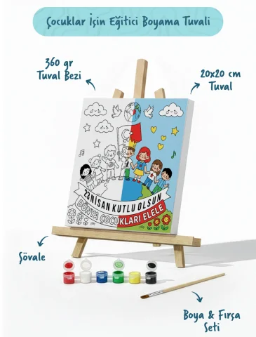 23 Nisan Dünya Çocukları Temalı Boyama Tuvali – Şövaleli Boya Seti 20x20