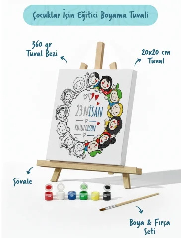 23 Nisan Çocuklar El Ele Temalı Boyama Tuvali – Şövaleli Boya Seti 20x20