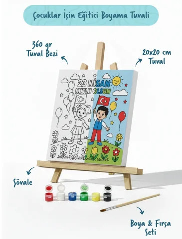 23 Nisan Çocuk Figürlü Boyama Tuvali – Şövaleli Boya Seti 20x20