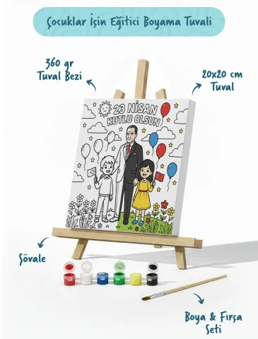 23 Nisan Atatürk ve Çocuklar Temalı Boyama Tuvali – Şövaleli Boya Seti 20x20