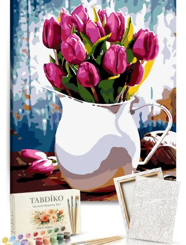 Sayılarla Boyama Seti 40 x 50 cm Tuval Şasesine Gerili Beyaz Vazodaki Kırmızı Laleler