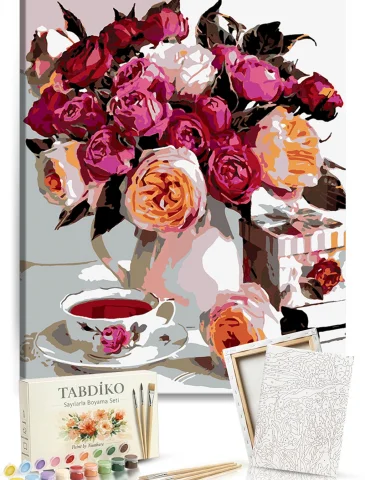 Sayılarla Boyama Seti 40 x 50 cm Tuval Şasesine Gerili Pembe Kamelyalar