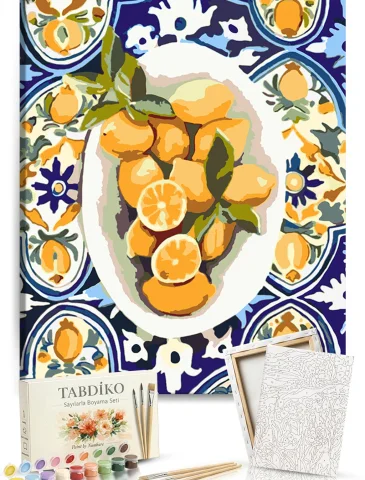 Sayılarla Boyama Seti 40 x 50 cm Tuval Şasesine Gerili Tabaktaki Limonlar