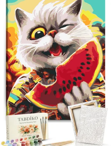 Sayılarla Boyama Seti 40 x 50 cm Tuval Şasesine Gerili Kedi ve Karpuz