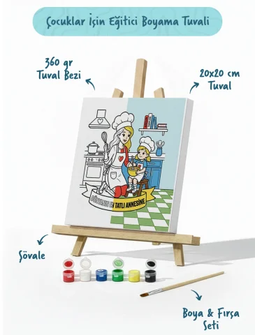 Dünyanın En Tatlı Annesine Temalı Eğitici Boyama Tuvali Şövaleli Boya Seti 20x20 cm