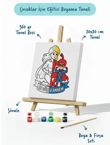 Süper Anne Temalı Boyama Tuvali Şövaleli Boya Seti 20x20 cm