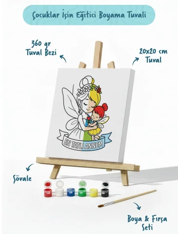 Çocuklar İçin En Tatlı Annem Boyama Tuvali Şövaleli Boya Seti 20x20 cm