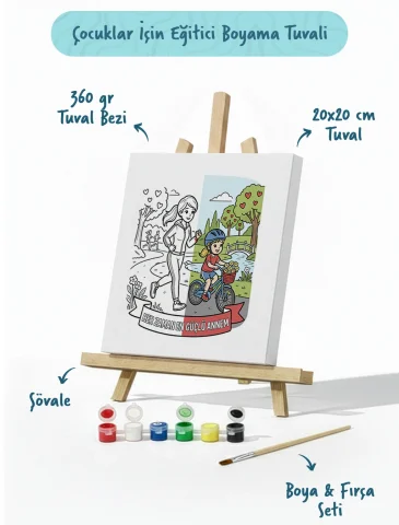 Her Zaman En Güçlü Annem Yazılı Eğitici Boyama Tuvali Şövaleli Boya Seti 20x20 cm