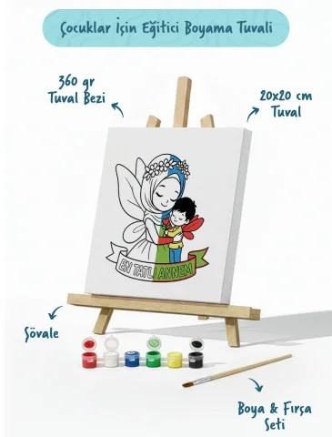 En Tatlı Annem Yazılı Eğitici Boyama Tuvali – Şövaleli Boya Seti 20x20 cm