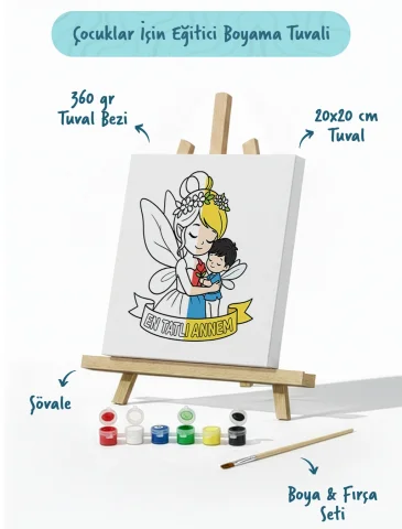 Çocuklar İçin Anneler Günü Boyama Tuvali – Şövaleli Boya Seti 20x20 cm