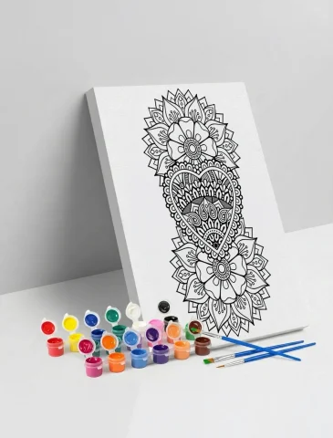 Kalp Çiçek Desenli Mandala Ahşap Boyama Seti 40x50 cm