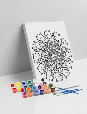 Kedi Desenli Mandala Ahşap Boyama Seti 40x50 cm