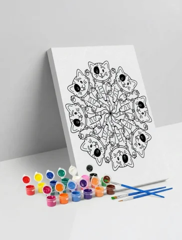 Kedi Desenli Mandala Ahşap Boyama Seti 40x50 cm