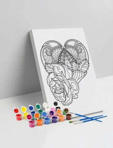 Kalp Çiçek Desenli Mandala Ahşap Boyama Seti 40x50 cm