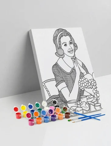 Retro Kadın Desenli Mandala Ahşap Boyama Seti 40x50 cm