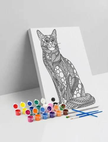Kedi Desenli Mandala Ahşap Boyama Seti 40x50 cm