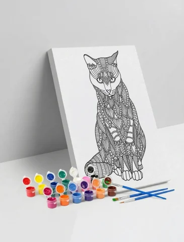 Kedi Desenli Mandala Ahşap Boyama Seti 40x50 cm