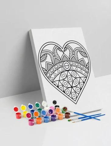 Etnik Kalp Desenli Mandala Ahşap Boyama Seti 40x50 cm