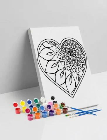 Yapraklı Kalp Desenli Mandala Ahşap Boyama Seti 40x50 cm