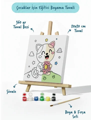 Donut Seven Kedi Boyama Tuvali – Şövaleli Boya Seti 20x20