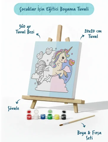 Sihirli Unicorn Boyama Tuvali – Şövaleli Boya Seti 20x20