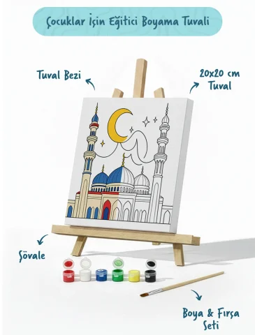 Hilal ve Mavi Kubbeli Cami Şövaleli Boya Seti 20x20