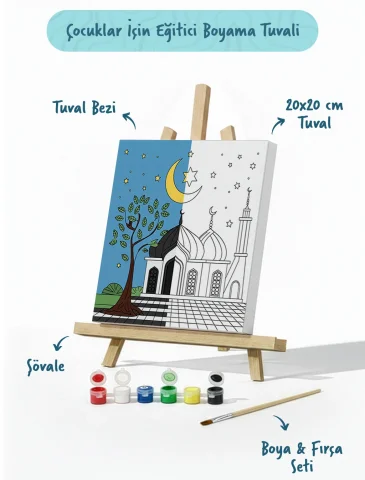 Ay Işığında Ağaçlı Cami Şövaleli Boya Seti 20x20