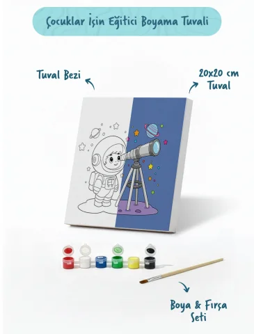 Astronot ve Uzay Temalı Çocuk Boyama Tuvali – Şövalesiz Eğitici Boyama Seti 20x20 cm