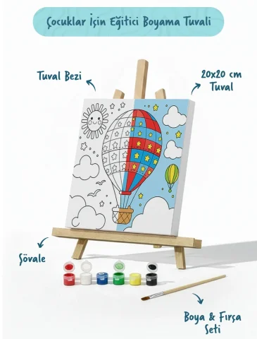 Balon Temalı Çocuk Boyama Tuvali – Şövaleli Eğitici Boyama Seti 20x20 cm