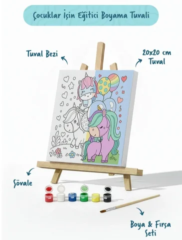 Balonlu Unicorn Boyama Tuvali – Şövaleli Boya Seti 20x20