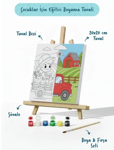 Çiftlik ve Kamyon Temalı Çocuk Boyama Tuvali – Şövaleli Eğitici Boyama Seti 20x20 cm