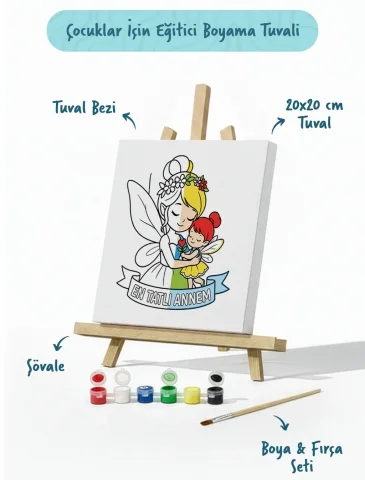 Çocuklar İçin En Tatlı Annem Boyama Tuvali Şövaleli Boya Seti 20x20 cm
