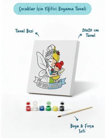 Çocuklar İçin En Tatlı Annem Boyama Tuvali Şövalesiz Boya Seti 20x20 cm